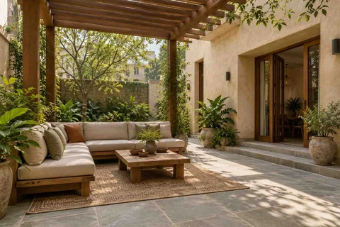 AI-generated outdoor concept: pergola patio lounge, courtyard modern direction