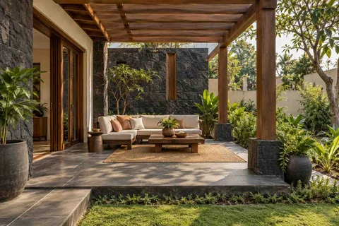 AI-generated outdoor concept: pergola patio lounge, deccan stone direction
