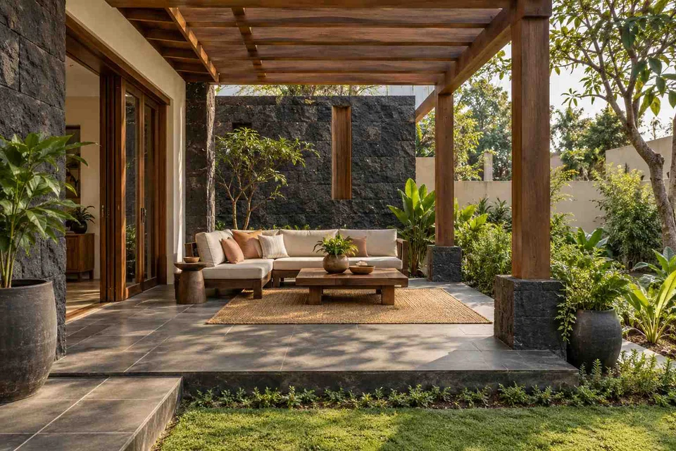 AI-generated outdoor concept: pergola patio lounge, deccan stone direction