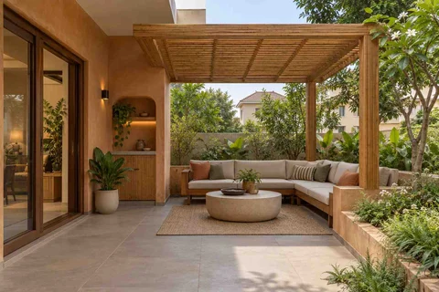 AI-generated outdoor concept: pergola patio lounge, earth and bamboo direction