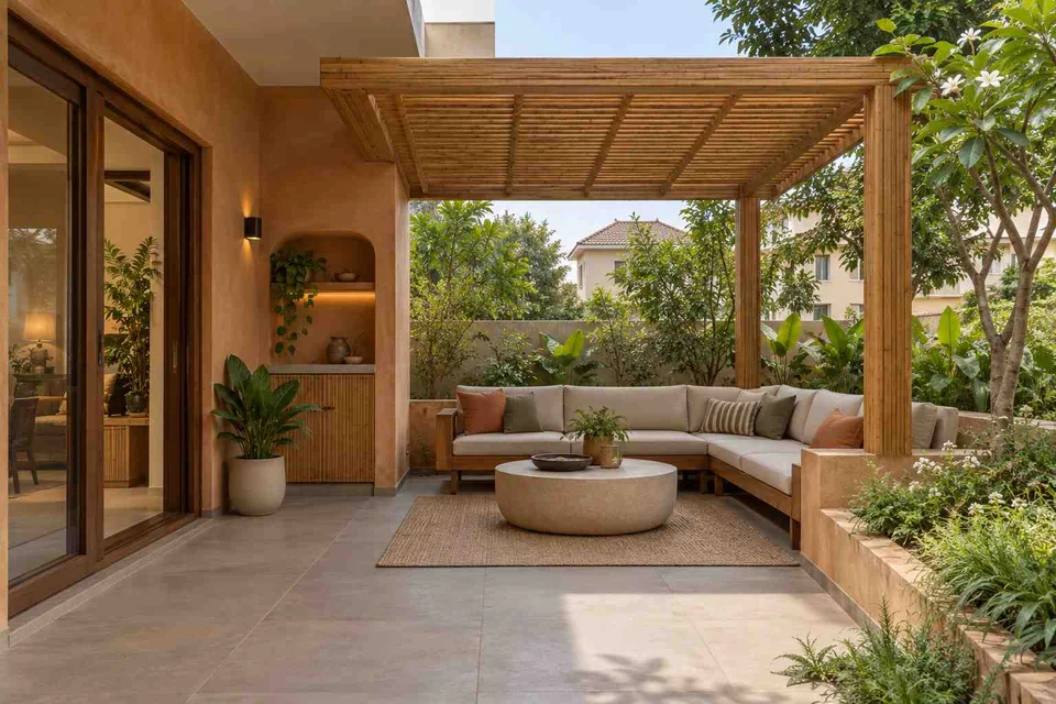 AI-generated outdoor concept: pergola patio lounge, earth and bamboo direction