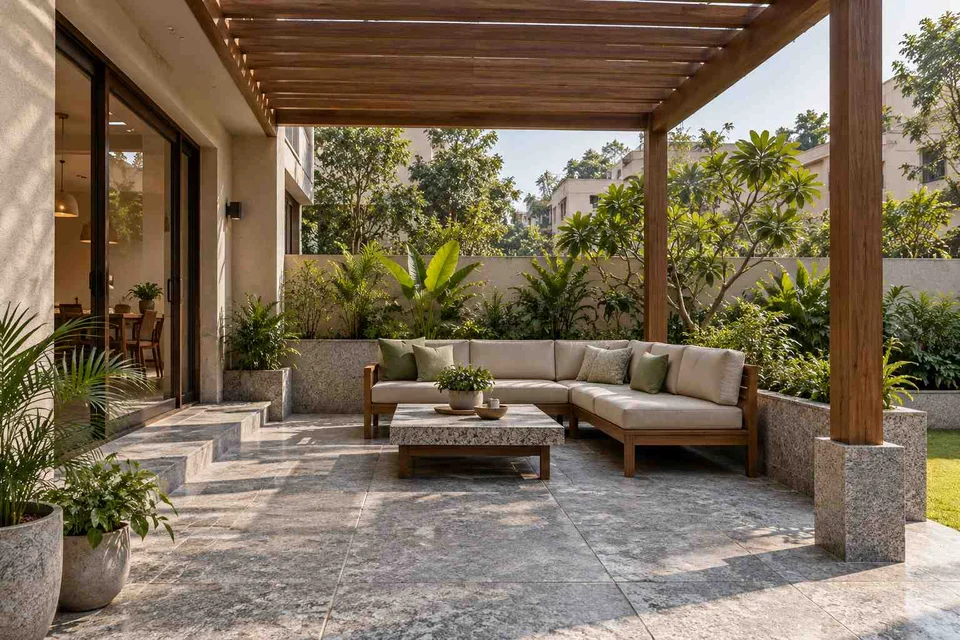 AI-generated outdoor concept: pergola patio lounge, granite precision direction