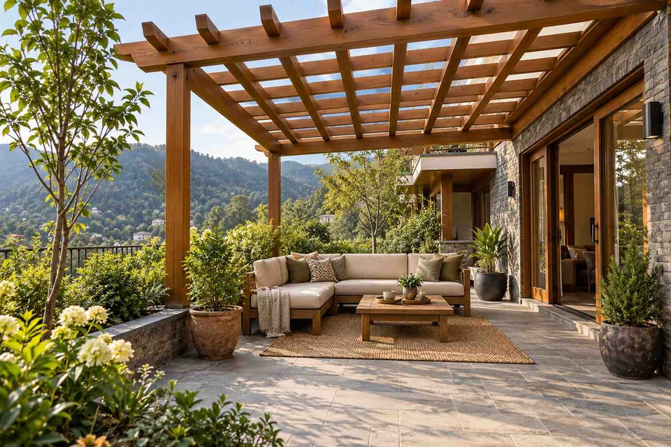 AI-generated outdoor concept: pergola patio lounge, hill timber direction