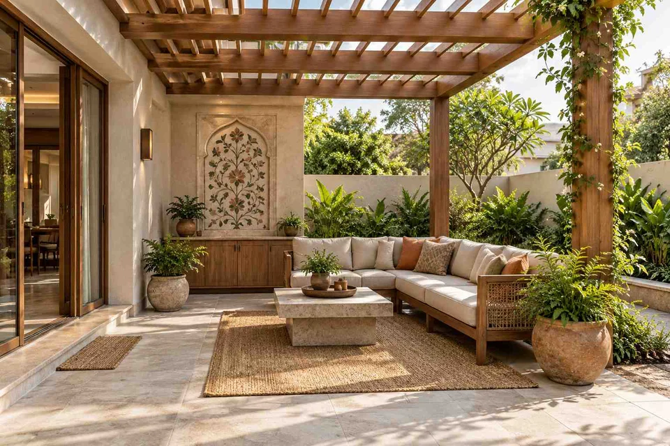 AI-generated outdoor concept: pergola patio lounge, inlay atelier direction