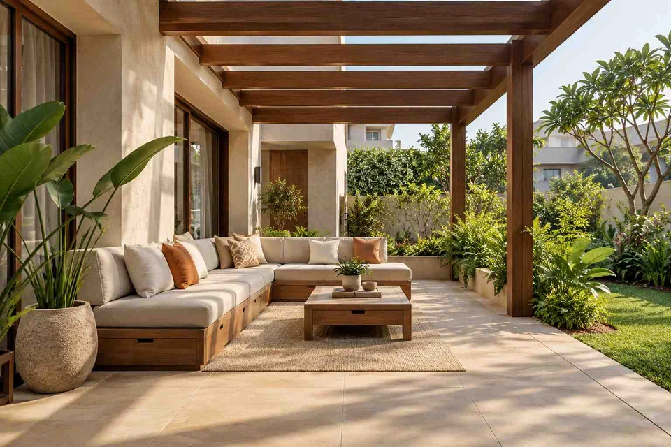 AI-generated outdoor concept: pergola patio lounge, lime and walnut direction