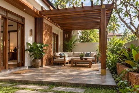 AI-generated outdoor concept: pergola patio lounge, malabar timber direction