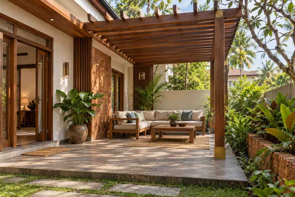 AI-generated outdoor concept: pergola patio lounge, malabar timber direction