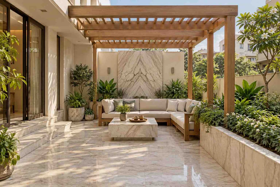 AI-generated outdoor concept: pergola patio lounge, marble restraint direction