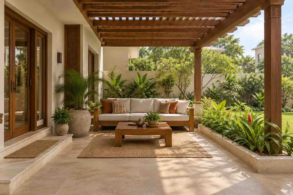 AI-generated outdoor concept: pergola patio lounge, modern carved direction
