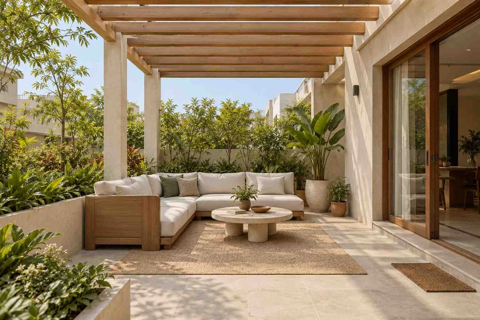 AI-generated outdoor concept: pergola patio lounge, quiet contemporary direction
