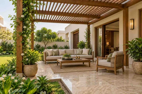 AI-generated outdoor concept: pergola patio lounge, quiet transitional direction