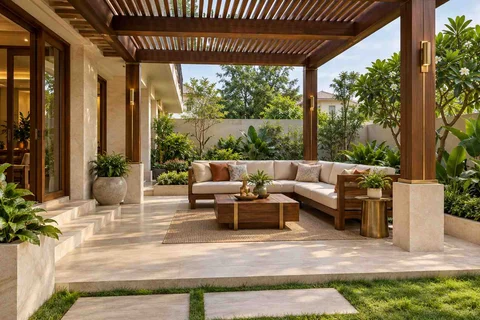 AI-generated outdoor concept: pergola patio lounge, rosewood brass direction