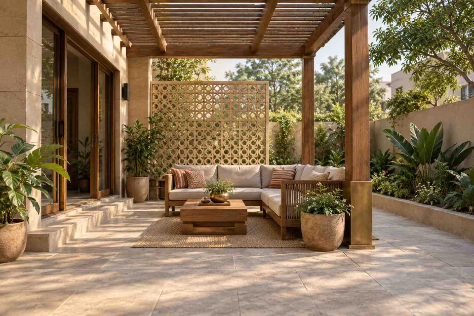 AI-generated outdoor concept: pergola patio lounge, sandstone lattice direction