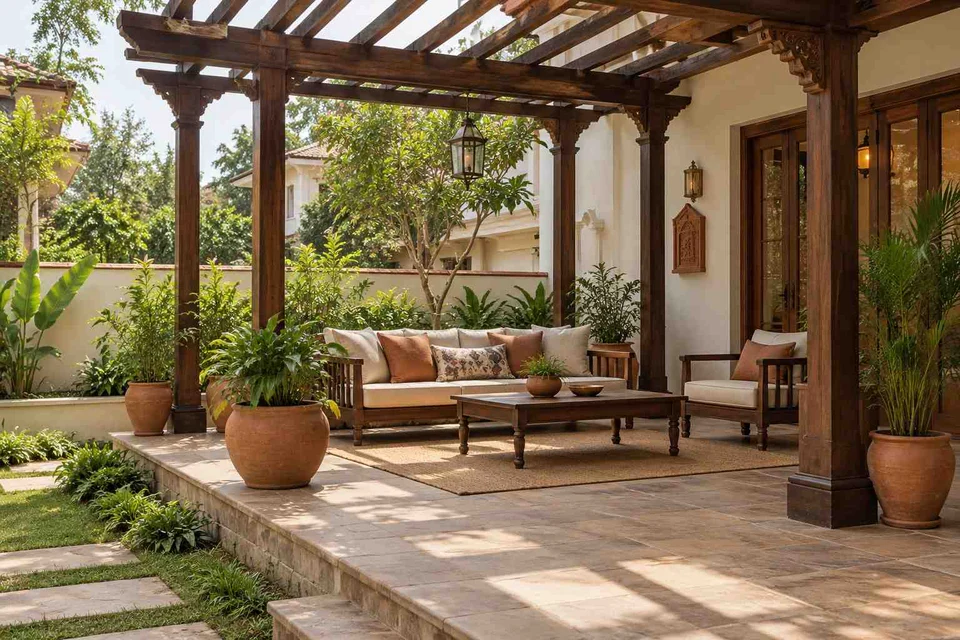 AI-generated outdoor concept: pergola patio lounge, terracotta heritage direction