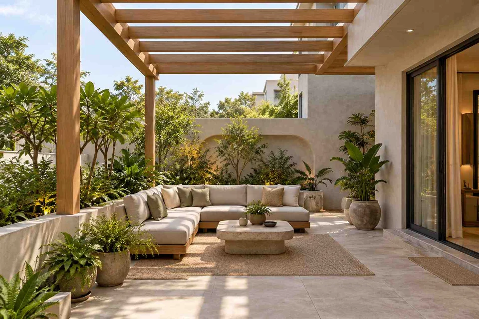 AI-generated outdoor concept: pergola patio lounge, textured mineral direction