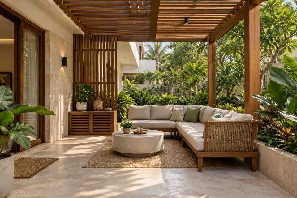 AI-generated outdoor concept: pergola patio lounge, tropical slatted direction