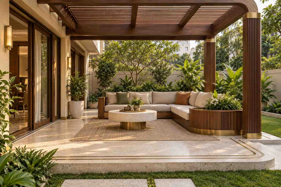 AI-generated outdoor concept: pergola patio lounge, urban deco direction