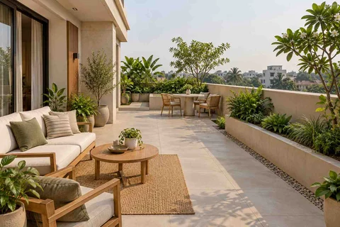 AI-generated outdoor concept: private terrace garden, ash and linen direction