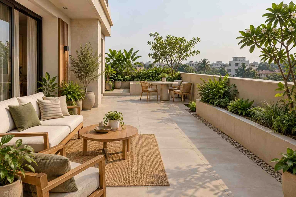 AI-generated outdoor concept: private terrace garden, ash and linen direction
