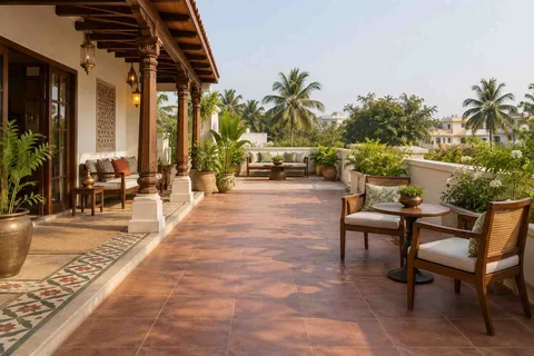 AI-generated outdoor concept: private terrace garden, chettinad tile direction