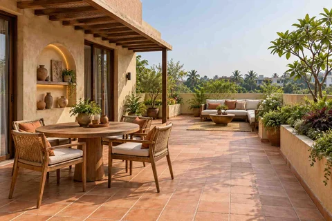AI-generated outdoor concept: private terrace garden, clay artisan direction
