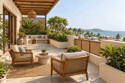 AI-generated outdoor concept: private terrace garden, coastal woven direction