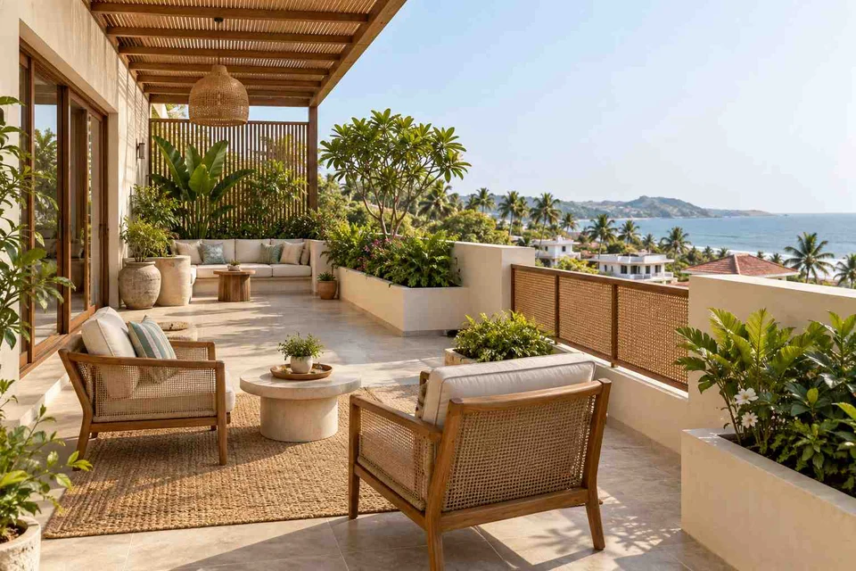 AI-generated outdoor concept: private terrace garden, coastal woven direction