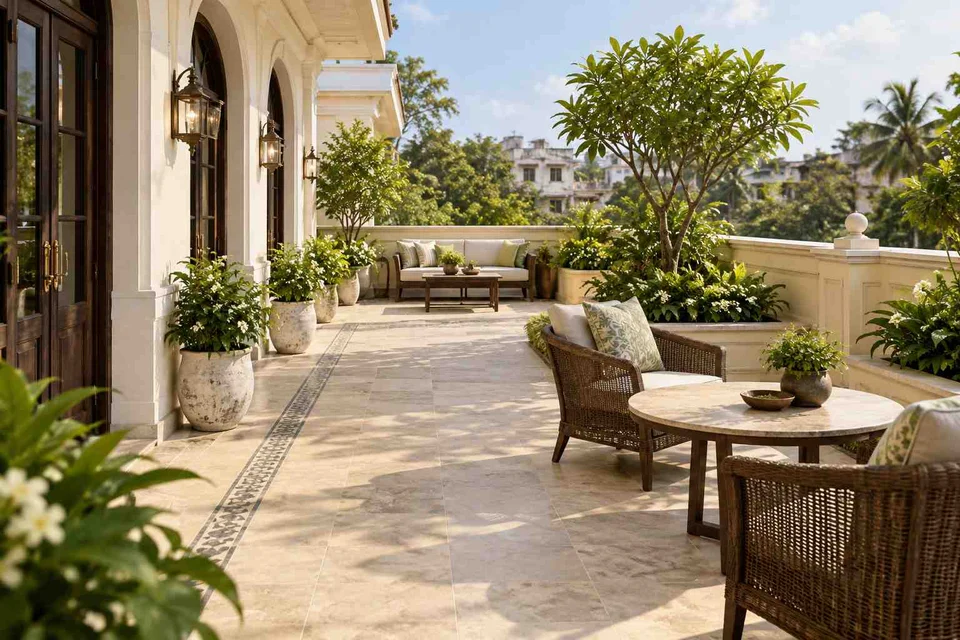 AI-generated outdoor concept: private terrace garden, colonial quiet direction