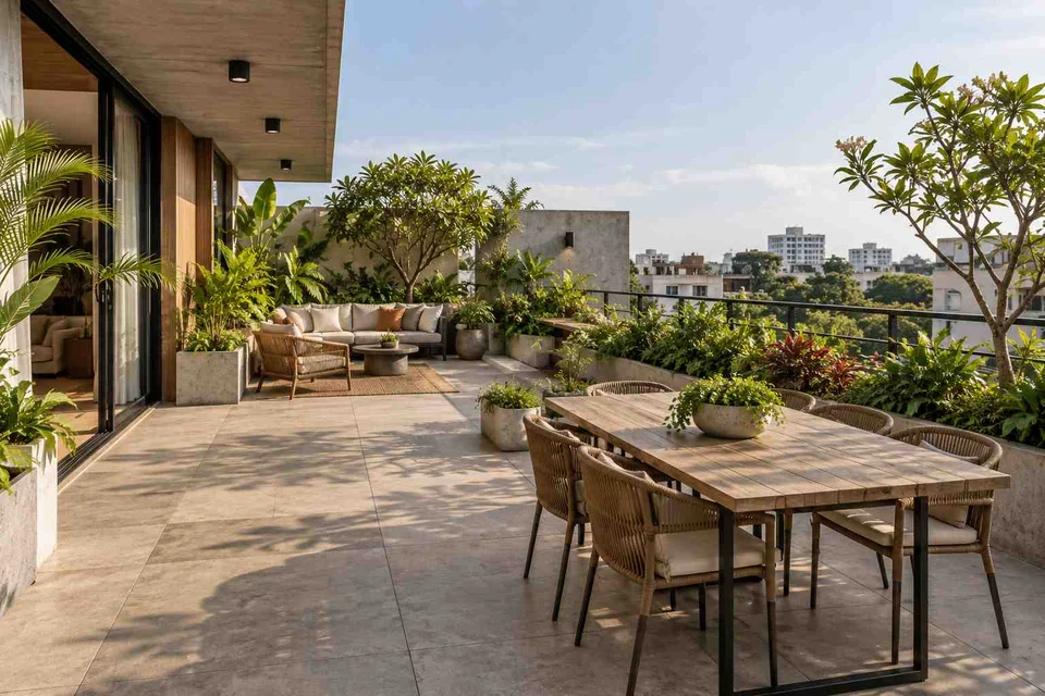 AI-generated outdoor concept: private terrace garden, concrete and oak direction
