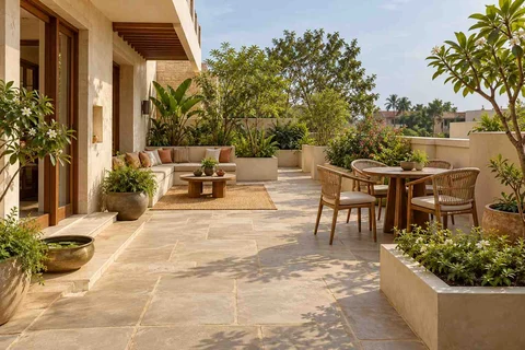 AI-generated outdoor concept: private terrace garden, courtyard modern direction