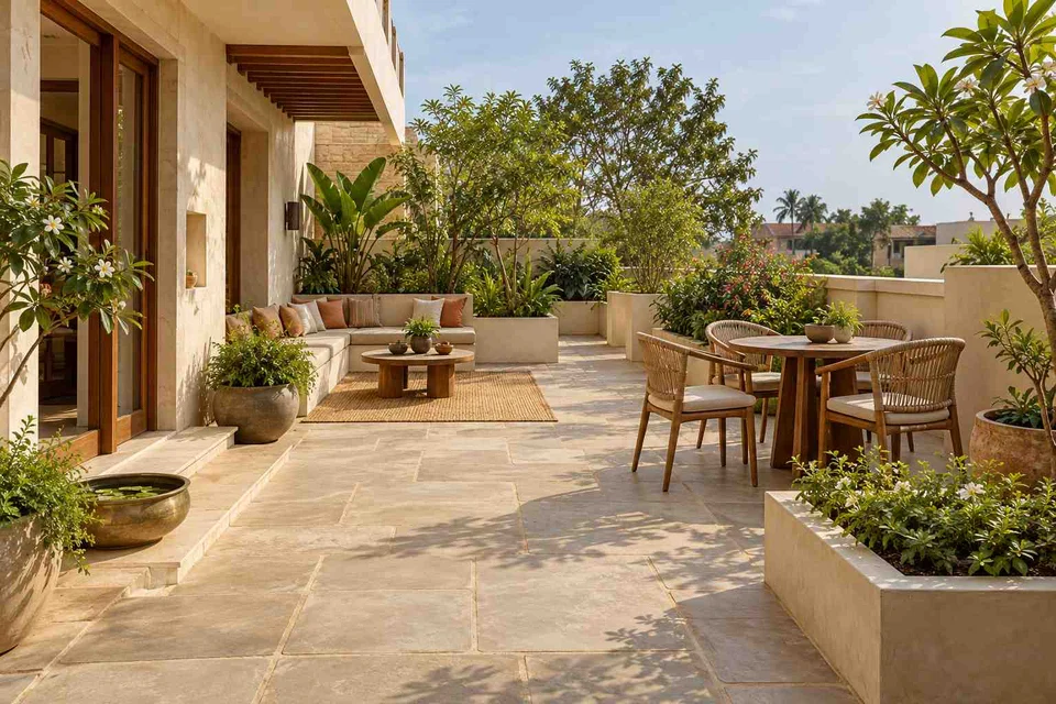 AI-generated outdoor concept: private terrace garden, courtyard modern direction