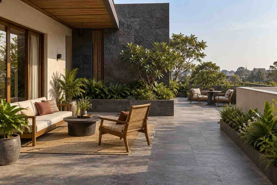 AI-generated outdoor concept: private terrace garden, deccan stone direction