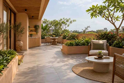 AI-generated outdoor concept: private terrace garden, earth and bamboo direction