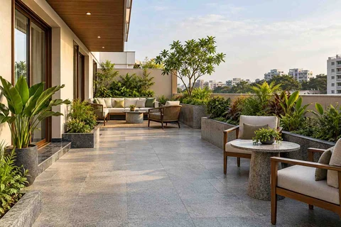 AI-generated outdoor concept: private terrace garden, granite precision direction