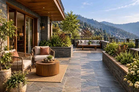 AI-generated outdoor concept: private terrace garden, hill timber direction