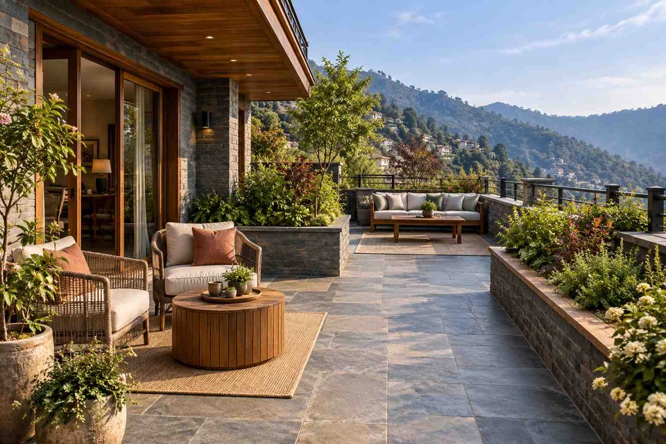 AI-generated outdoor concept: private terrace garden, hill timber direction
