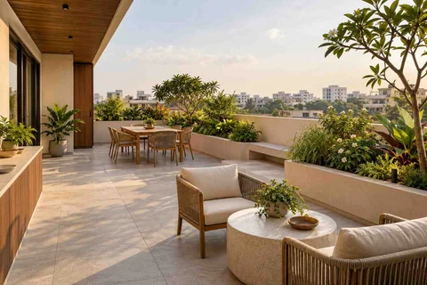 AI-generated outdoor concept: private terrace garden, lime and walnut direction