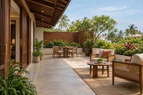 AI-generated outdoor concept: private terrace garden, malabar timber direction