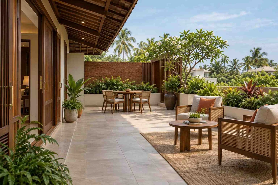 AI-generated outdoor concept: private terrace garden, malabar timber direction