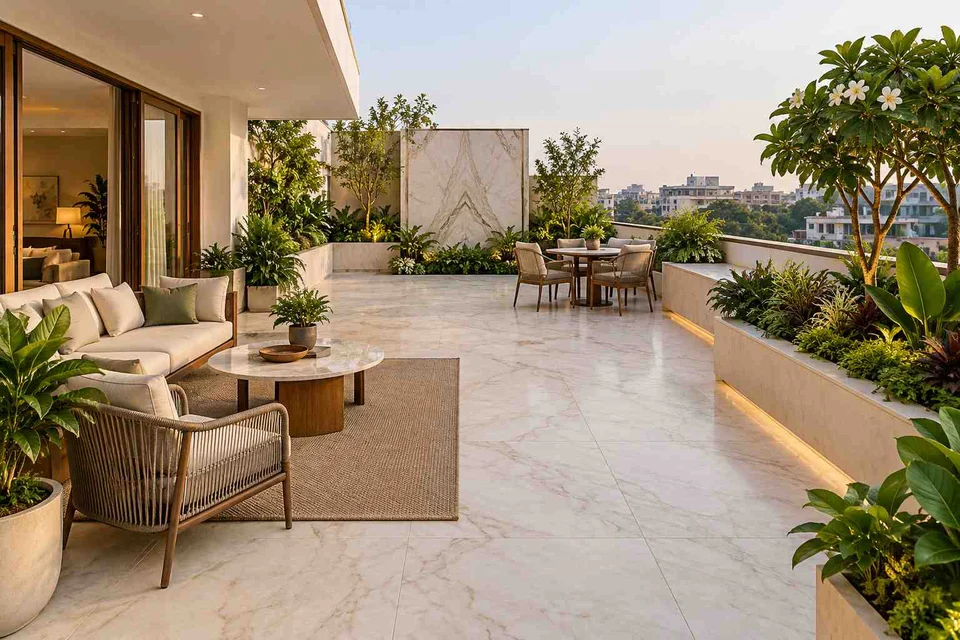AI-generated outdoor concept: private terrace garden, marble restraint direction