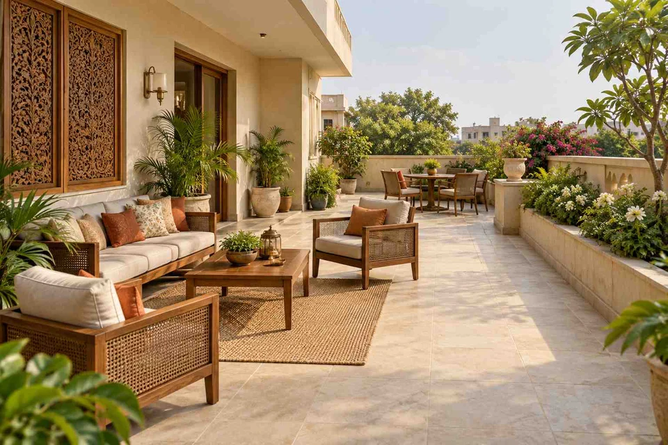 AI-generated outdoor concept: private terrace garden, modern carved direction