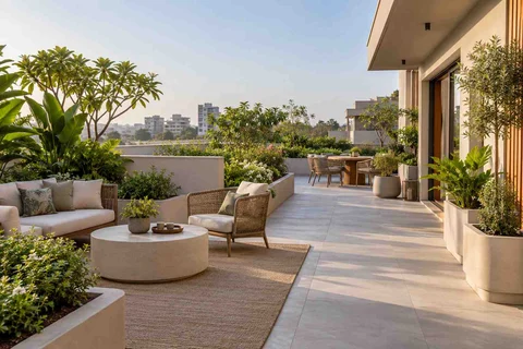 AI-generated outdoor concept: private terrace garden, quiet contemporary direction