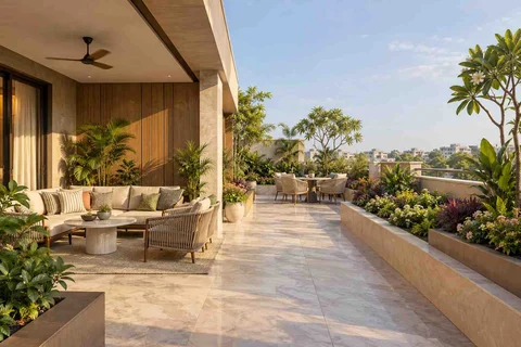 AI-generated outdoor concept: private terrace garden, quiet transitional direction