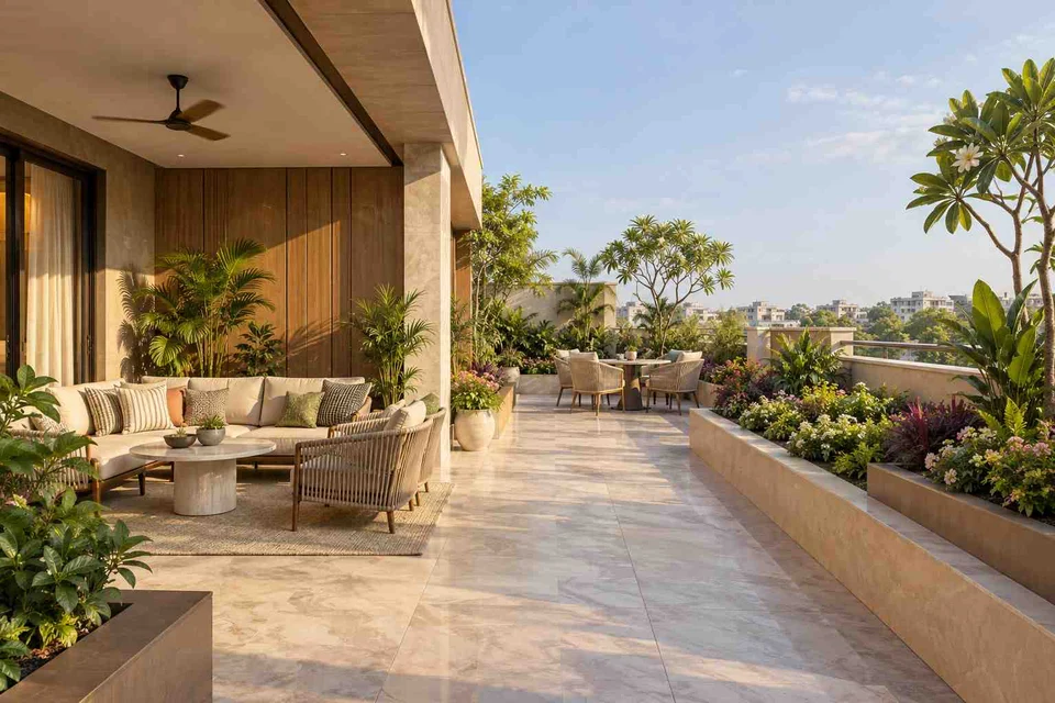 AI-generated outdoor concept: private terrace garden, quiet transitional direction
