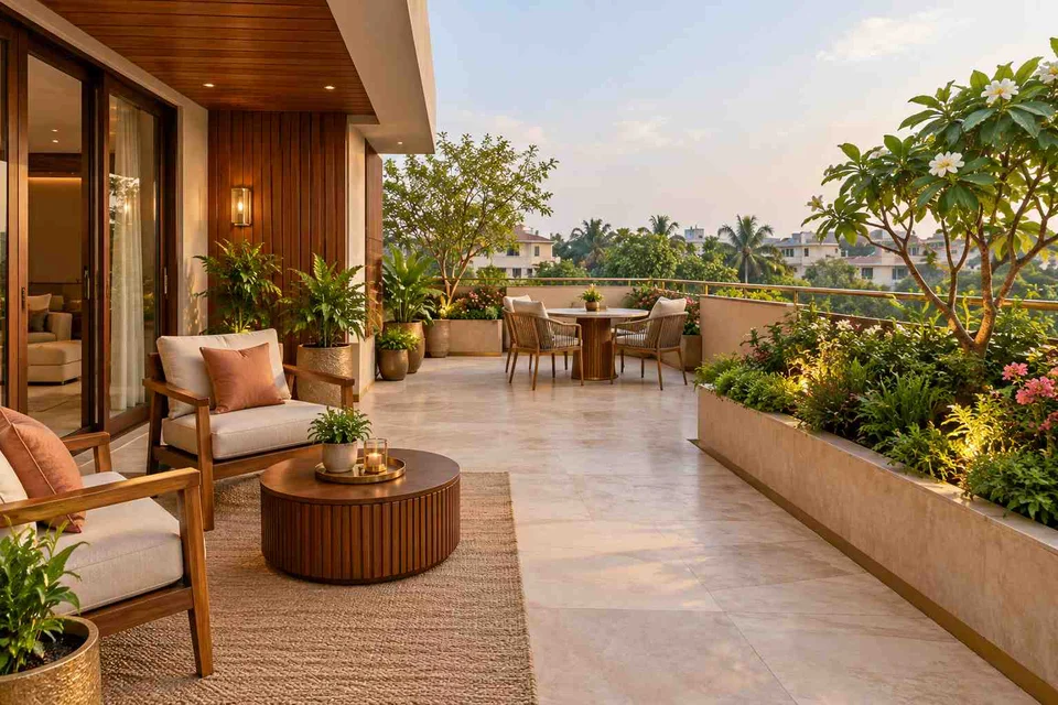 AI-generated outdoor concept: private terrace garden, rosewood brass direction