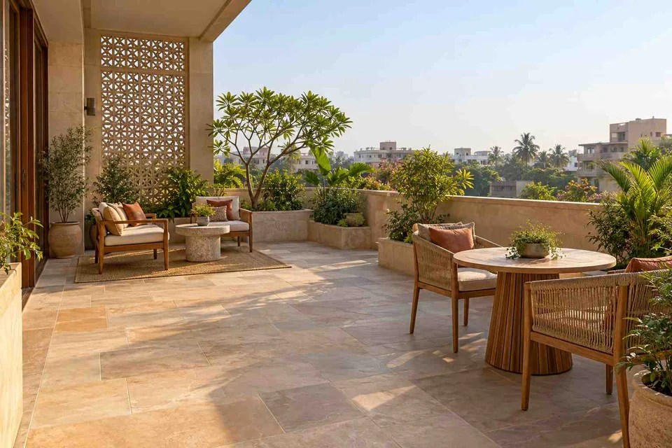AI-generated outdoor concept: private terrace garden, sandstone lattice direction
