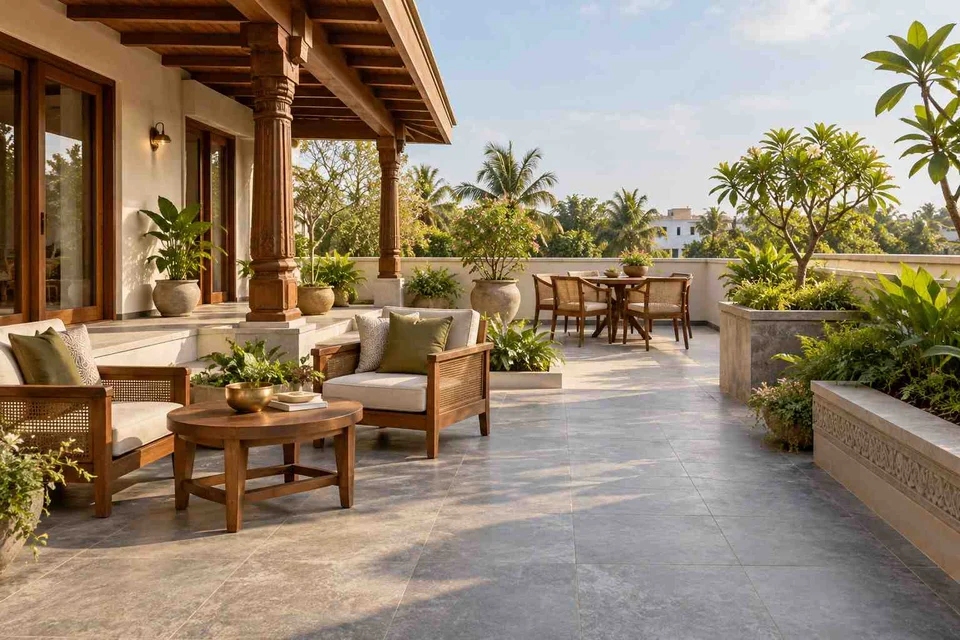 AI-generated outdoor concept: private terrace garden, teak craft direction