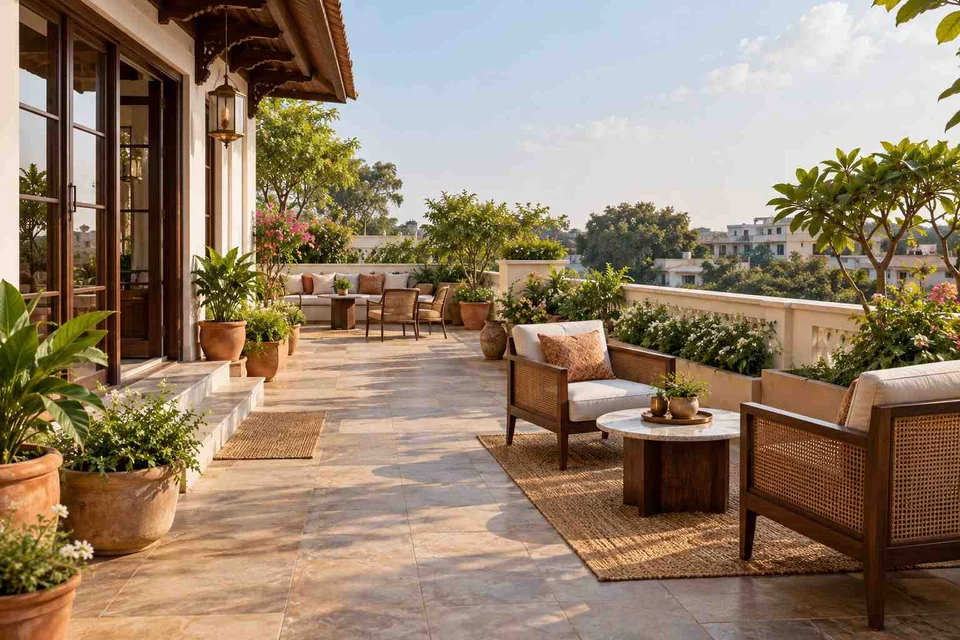 AI-generated outdoor concept: private terrace garden, terracotta heritage direction