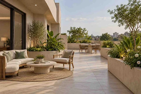 AI-generated outdoor concept: private terrace garden, textured mineral direction