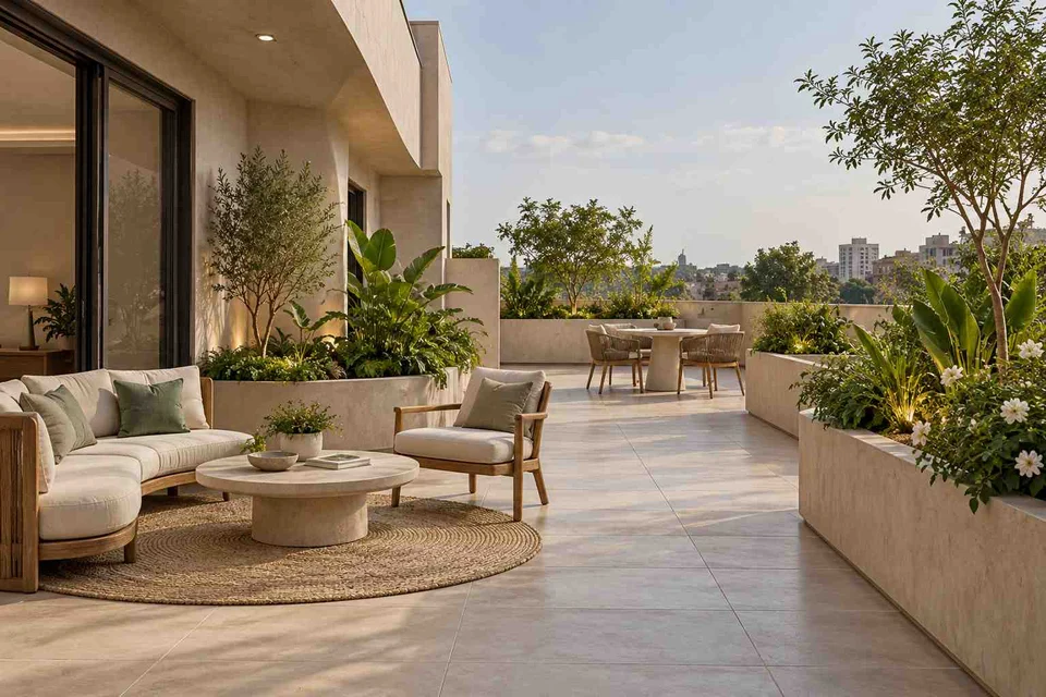 AI-generated outdoor concept: private terrace garden, textured mineral direction